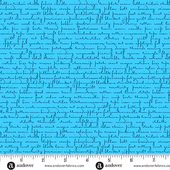 Andover Scrawl Quilty Words Blue Howlite - Stitch - Durango, Colorado Quilt & Sewing Shop