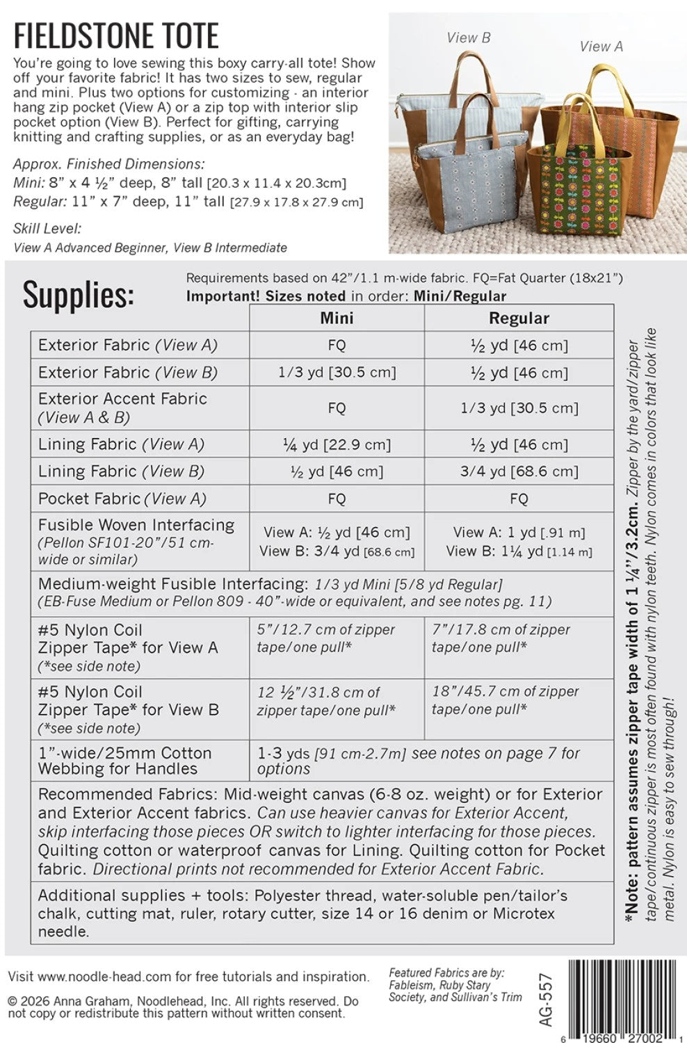 Fieldstone Tote - Stitch - Durango, Colorado Quilt & Sewing Shop